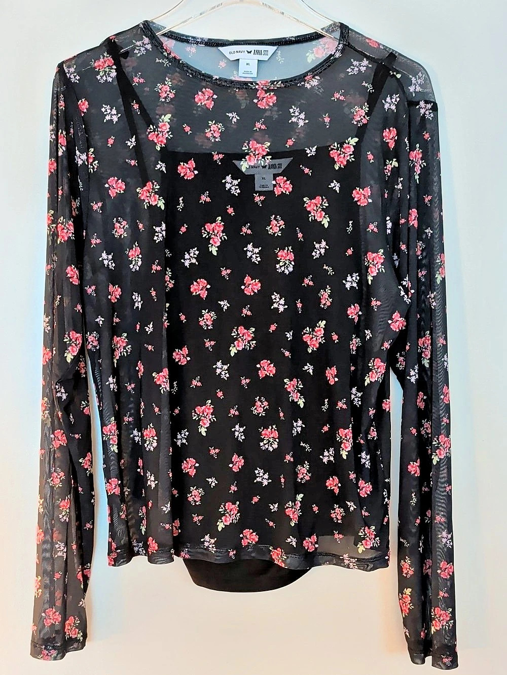 Old Navy Anna Sui Floral Long Sleeve Top in Black & Pink Size XL